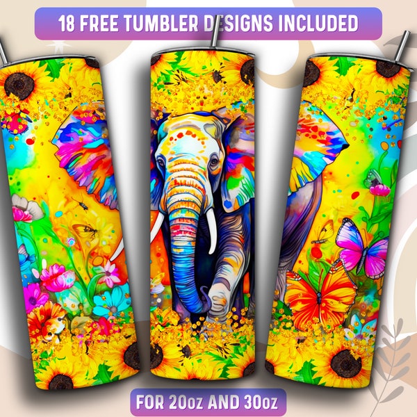 Elephant Tumbler Wrap PNG, Elephant 20 oz Skinny Tumbler Sublimation Design, Instant Download (+101 free Designs)