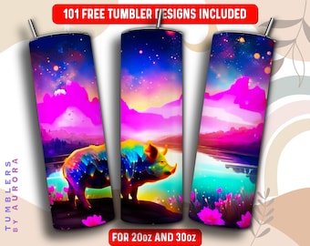 Neon Pig Tumbler Wrap PNG, Animal 20 oz Skinny Tumbler Sublimation Design, Instant Download (+101 free Designs)