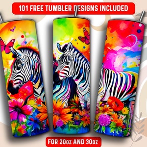 Zebra Tumbler Wrap PNG, Animal 20 oz Skinny Tumbler Sublimation Design, Instant Download (+101 free Designs)