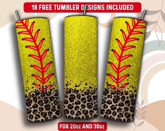 Puede incluir: Tres vasos de purpurina dorada con un diseño de puntada de béisbol rojo y negro y una base de estampado de leopardo. Los vasos son para 20 oz y 30 oz. Se incluyen 18 diseños de vasos gratuitos.