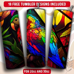 Stained Glass Parrot Tumbler Wrap PNG, 20 oz Skinny Tumbler Sublimation Design, Instant Download (+101 free Designs)