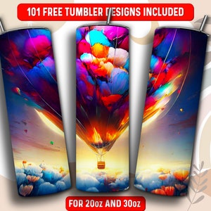 May include: Three stainless steel tumblers with a vibrant hot air balloon design. The tumblers feature a colorful abstract painting of a hot air balloon against a blue sky. Text on the image reads "101 FREE TUMBLER DESIGNS INCLUDED" and "FOR 20oz AND 30oz".