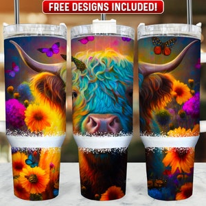 Highland Cow 40oz Tumbler Wrap PNG Design, Highland Cow 40oz Quencher Tumbler Sublimation Wrap, 40 oz Tumbler PNG, Instant Download