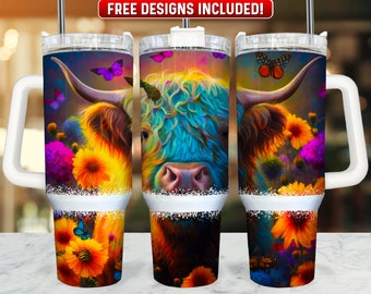 Highland Cow 40oz Tumbler Wrap PNG Design, Highland Cow 40oz Quencher Tumbler Sublimation Wrap, 40 oz Tumbler PNG, Instant Download