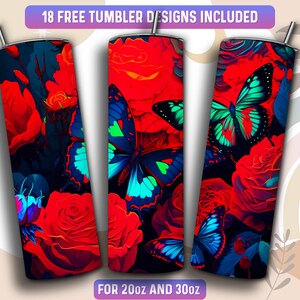 Red Roses Tumbler Wrap PNG, Butterfly 20 oz Skinny Tumbler Sublimation Design, Instant Download (+101 free Designs)