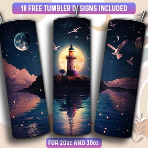 Lighthouse Tumbler Wrap PNG, 20 oz Skinny Tumbler Sublimation Design, Instant Download (+101 free Designs)