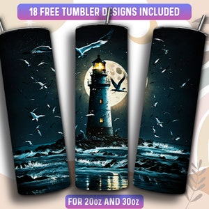 Lighthouse Tumbler Wrap PNG, 20 oz Skinny Tumbler Sublimation Design, Instant Download (+101 free Designs)