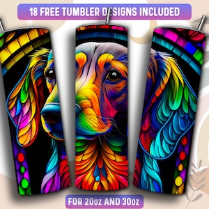Stained Glass Dachshund Tumbler Wrap PNG, Dog 20 oz Skinny Tumbler Sublimation Design, Instant Download (+101 free Designs)