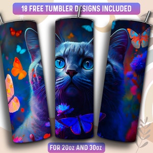 Russian Blue Tumbler Wrap PNG, Russian Blue Cat 20 oz Skinny Tumbler Sublimation Design, Instant Download (+101 free Designs)