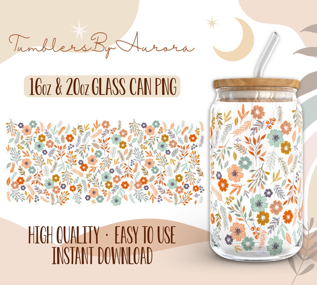 Floral 16 Oz Libbey Glass Wrap PNG Sublimation Design, Flowers Glass ...