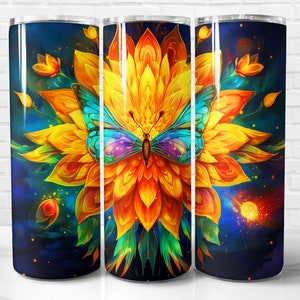 Butterfly Sunflower Tumbler Wrap PNG, Butterfly 20 oz Skinny Tumbler Wrap Sublimation Design, Instant Download (+101 free Designs)