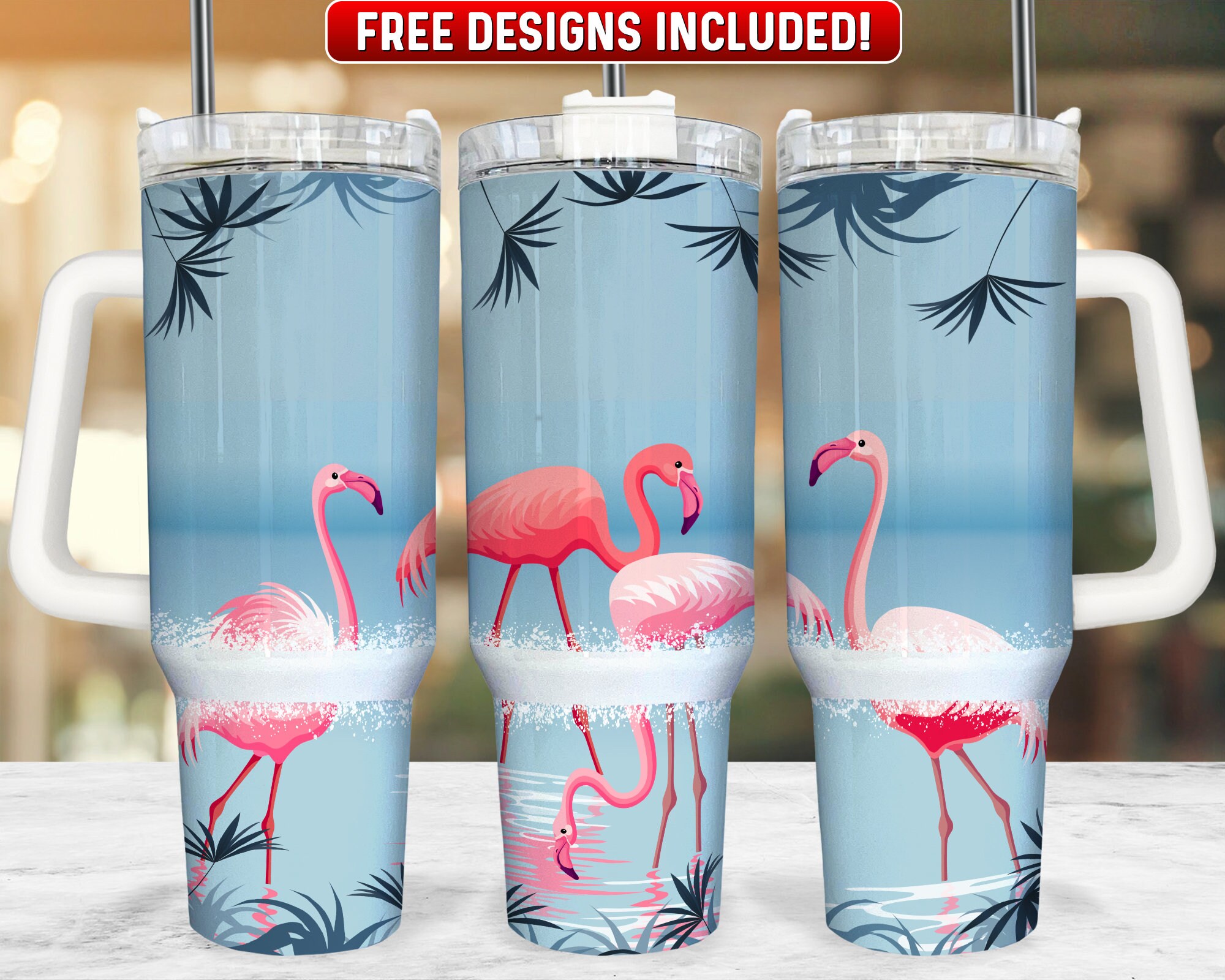 Flamingo Glass Cup with Lid with Straw