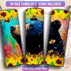 Black Bear Tumbler Wrap PNG, 20 oz Skinny Tumbler Sublimation Design, Instant Download (+101 free Designs)