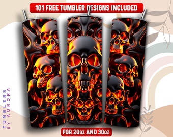 Melted Skull Tumbler Wrap PNG, Skull Fire 20 oz Skinny Tumbler Sublimation Design, Instant Download (+101 free Designs)