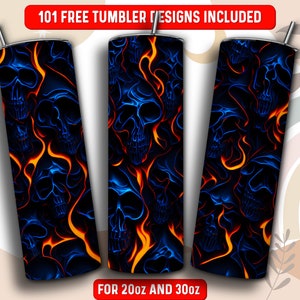 Melting Skulls Tumbler Wrap PNG, Flame Fire Skull 20 oz Skinny Tumbler Sublimation Design, Instant Download (+101 free Designs)