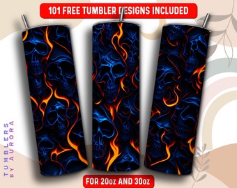 Melting Skulls Tumbler Wrap PNG, Flame Fire Skull 20 oz Skinny Tumbler Sublimation Design, Instant Download (+101 free Designs)