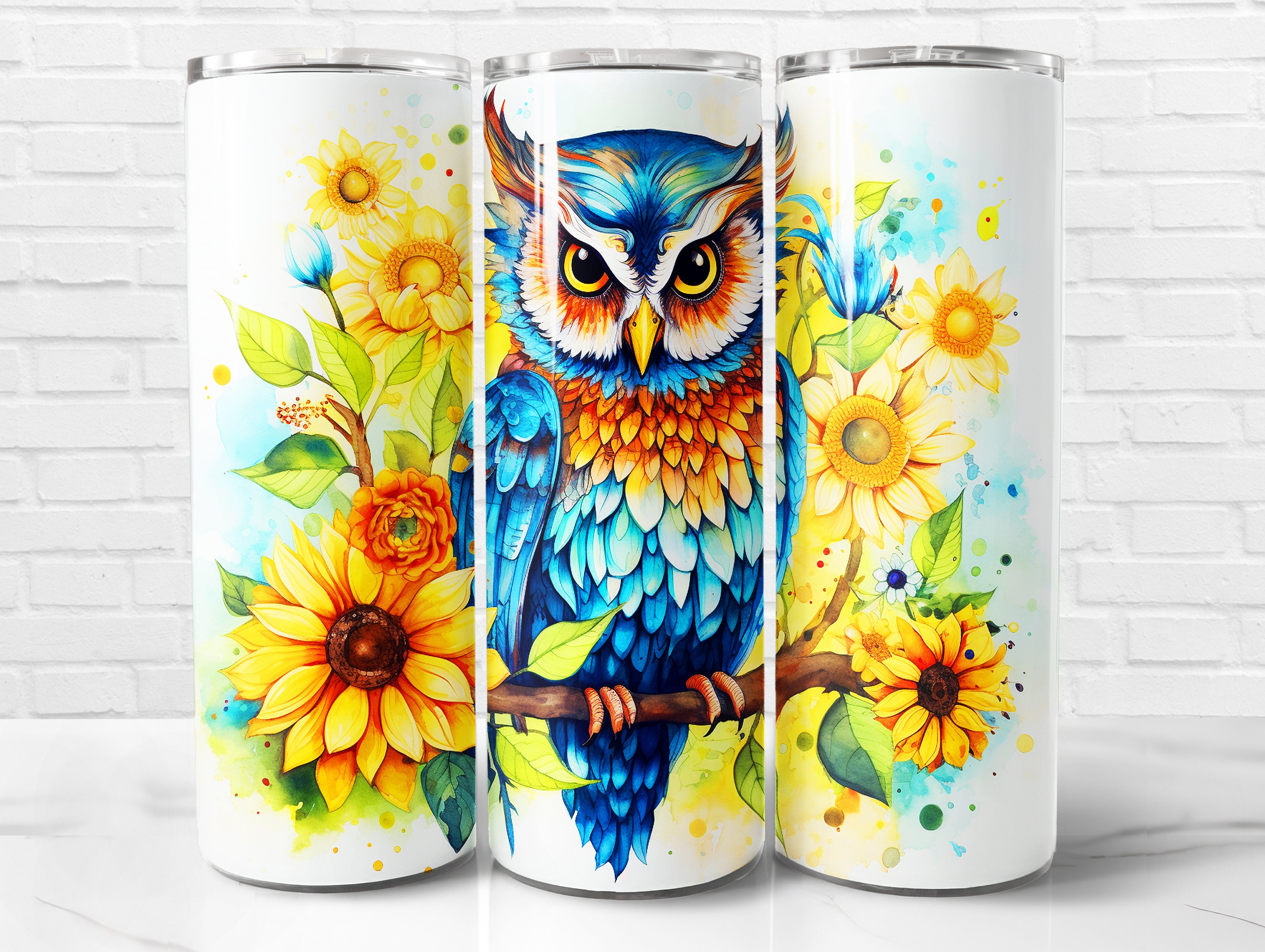 Sunflower Owl Tumbler Wrap PNG, Owl 20 oz Skinny Tumbler Wrap Sublimation Design, Instant Download (