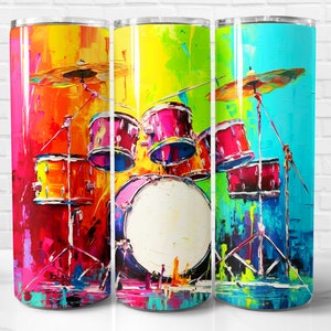 May include: A colorful abstract painting of a drum set with cymbals. The drums are red, yellow, and blue. The background is a mix of bright colors.