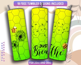 Just Breathe Tumbler Wrap PNG, Diseño de sublimación de vaso flaco de diente de león de 20 oz, descarga instantánea (+101 diseños gratuitos)