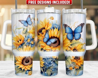 Girassol Borboleta 40 onças Tumbler Wrap PNG Design, Girassol 40 onças Quencher Tumbler Sublimation Wrap, 40 onças Tumbler PNG, Download instantâneo