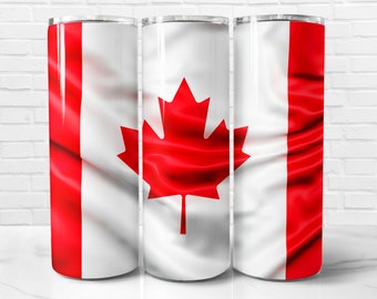 May include: Three stainless steel tumblers with a Canadian flag design. The flag is red and white with a red maple leaf in the center.