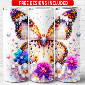 Butterfly Floral PNG, Butterfly Glitter 20 oz Skinny Tumbler Sublimation Design, Instant Download (+101 free Designs)