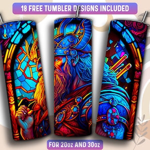 Stained Glass Viking Tumbler Wrap PNG, Viking 20 oz Skinny Tumbler Sublimation Design, Instant Download (+101 free Designs)