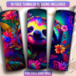 Floral Sloth Tumbler Wrap PNG, Sloth 20 oz Skinny Tumbler Sublimation Design, Instant Download (+101 free Designs)