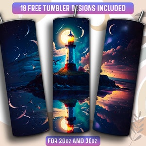 Lighthouse Tumbler Wrap PNG, 20 oz Skinny Tumbler Sublimation Design, Instant Download (+101 free Designs)