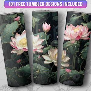 Lotus Flowers Tumbler Wrap PNG, 20 oz Skinny Tumbler Wrap Sublimation Design, Instant Download (+101 free Designs)