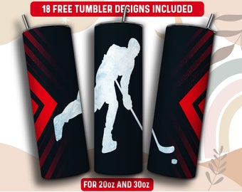 Könnte beinhalten: Drei schwarze und rote Becher mit 20oz und 30oz mit einem Hockeyspieler-Silhouetten-Design. 18 kostenlose Becherdesigns enthalten.