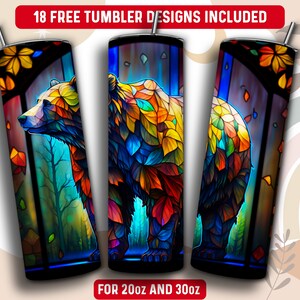 Stained Glass Bear Tumbler Wrap PNG, 20 oz Skinny Tumbler Sublimation Design, Instant Download (+101 free Designs)