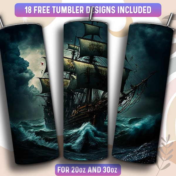 Pirate Ship Tumbler Wrap PNG, Pirate Ship 20 oz Skinny Tumbler Sublimation Design, Instant Download (+101 free Designs)