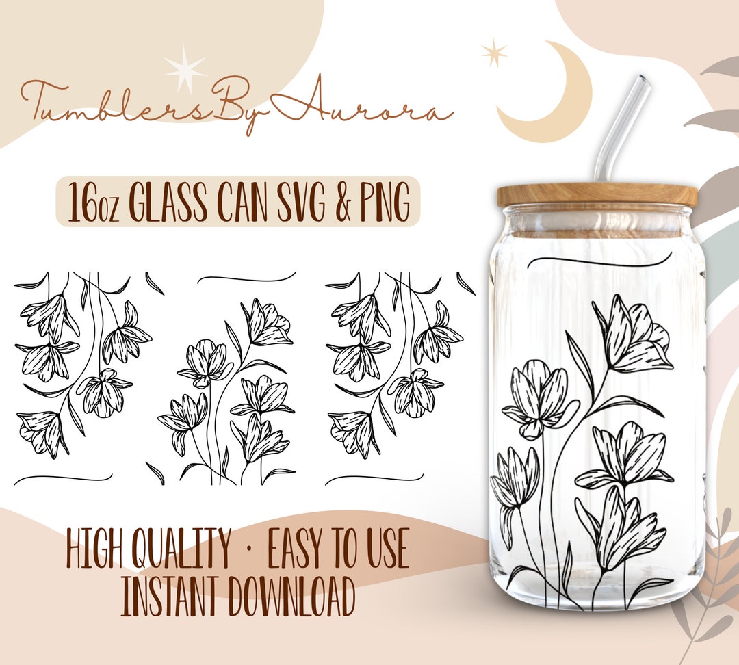 Flower Glass Can SVG PNG, Flowers 16 Oz Libbey Glass Wrap SVG ...