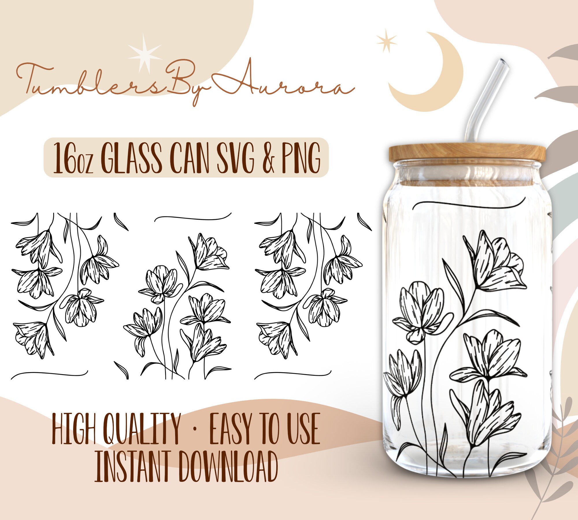 Flower Glass Can SVG PNG, Flowers 16 Oz Libbey Glass Wrap SVG ...
