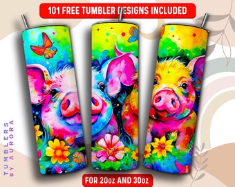 Pig Tumbler Wrap PNG, Animal 20 oz Skinny Tumbler Sublimation Design, Instant Download (+101 free Designs)