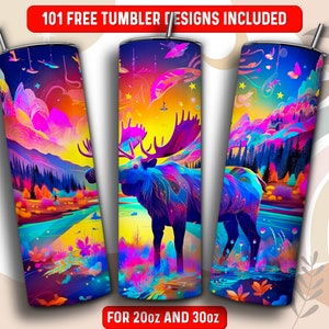 Neon Moose Tumbler Wrap PNG, Animal 20 oz Skinny Tumbler Sublimation Design, Instant Download (+101 free Designs)