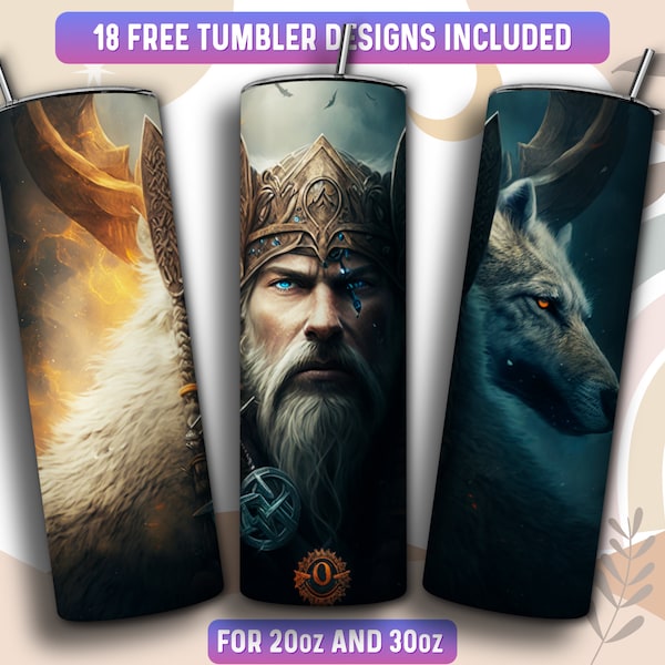 Wolf of Odin Tumbler Wrap PNG, Viking 20 oz Skinny Tumbler Sublimation Design, Instant Download (+101 free Designs)