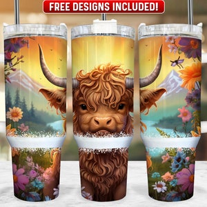 Highland Cow 40oz Tumbler Wrap PNG Design, Highland Cow 40oz Quencher Tumbler Sublimation Wrap, 40 oz Tumbler PNG, Instant Download