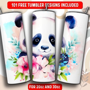 Watercolor Panda Tumbler Wrap PNG, Panda 20 oz Skinny Tumbler Sublimation Design, Instant Download (+101 free Designs)