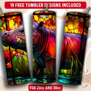 Stained Glass Hippo Tumbler Wrap PNG, Hippo 20 oz Skinny Tumbler Sublimation Design, Instant Download