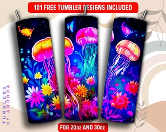 Jellyfish Tumbler Wrap PNG, Sea Underwater 20 oz Skinny Tumbler Sublimation Design, Instant Download (+101 free Designs)