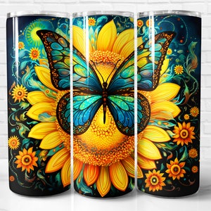 Butterfly Sunflower Tumbler Wrap PNG, Butterfly 20 oz Skinny Tumbler Wrap Sublimation Design, Instant Download (+101 free Designs)