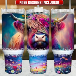 Highland Cow 40oz Tumbler Wrap PNG Design, Highland Cow 40oz Quencher Tumbler Sublimation Wrap, 40 oz Tumbler PNG, Instant Download