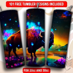 Neon Bison Tumbler Wrap PNG, Animal 20 oz Skinny Tumbler Design de sublimação, download instantâneo (+101 designs gratuitos)