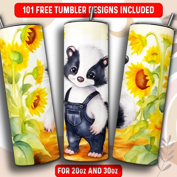 Cute Skunk Tumbler Wrap PNG, Watercolor Sunflower Animal 20 oz Skinny Tumbler Sublimation Design, Instant Download (+101 free Designs)