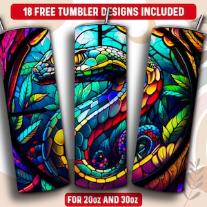 Stained Glass Snake Tumbler Wrap PNG, Snake 20 oz Skinny Tumbler Sublimation Design, Instant Download (+101 free Designs)