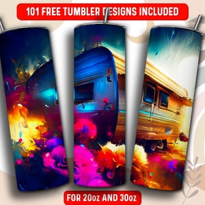 Oilpainting Camping Tumbler Wrap PNG, Caravan 20 oz Skinny Tumbler Sublimation Design, Instant Download (+101 free Designs)