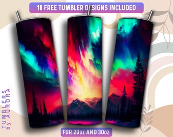 Aurora Borealis Tumbler Wrap PNG, Norhern Lights 20 oz Skinny Tumbler Sublimatie Design, Instant Download (+101 gratis ontwerpen)