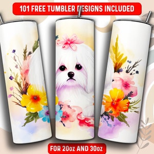 Watercolor Maltese Tumbler Wrap PNG, Dog 20 oz Skinny Tumbler Sublimation Design, Instant Download (+101 free Designs)